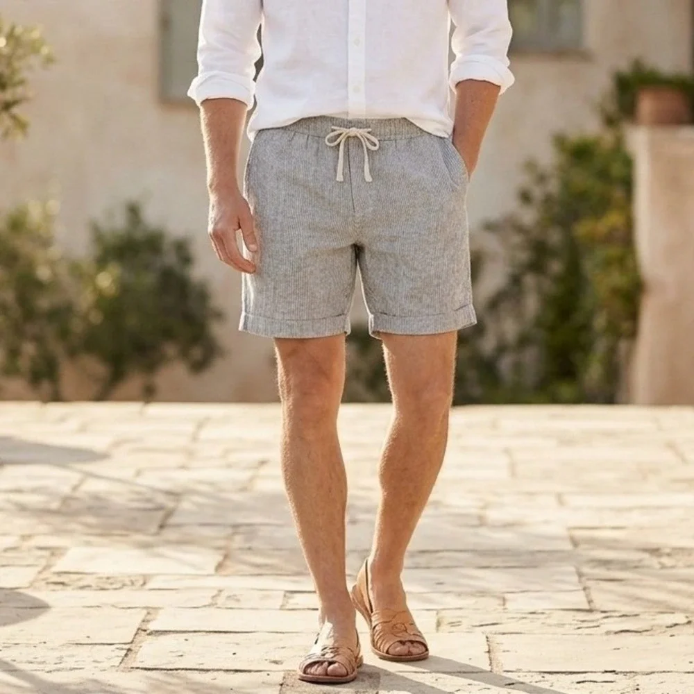 J.Crew Mens Dock Shorts Linen Cotton Blend Striped Grey White Size M Casual Work